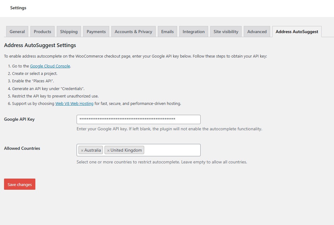 Address AutoSuggest Settings Page
